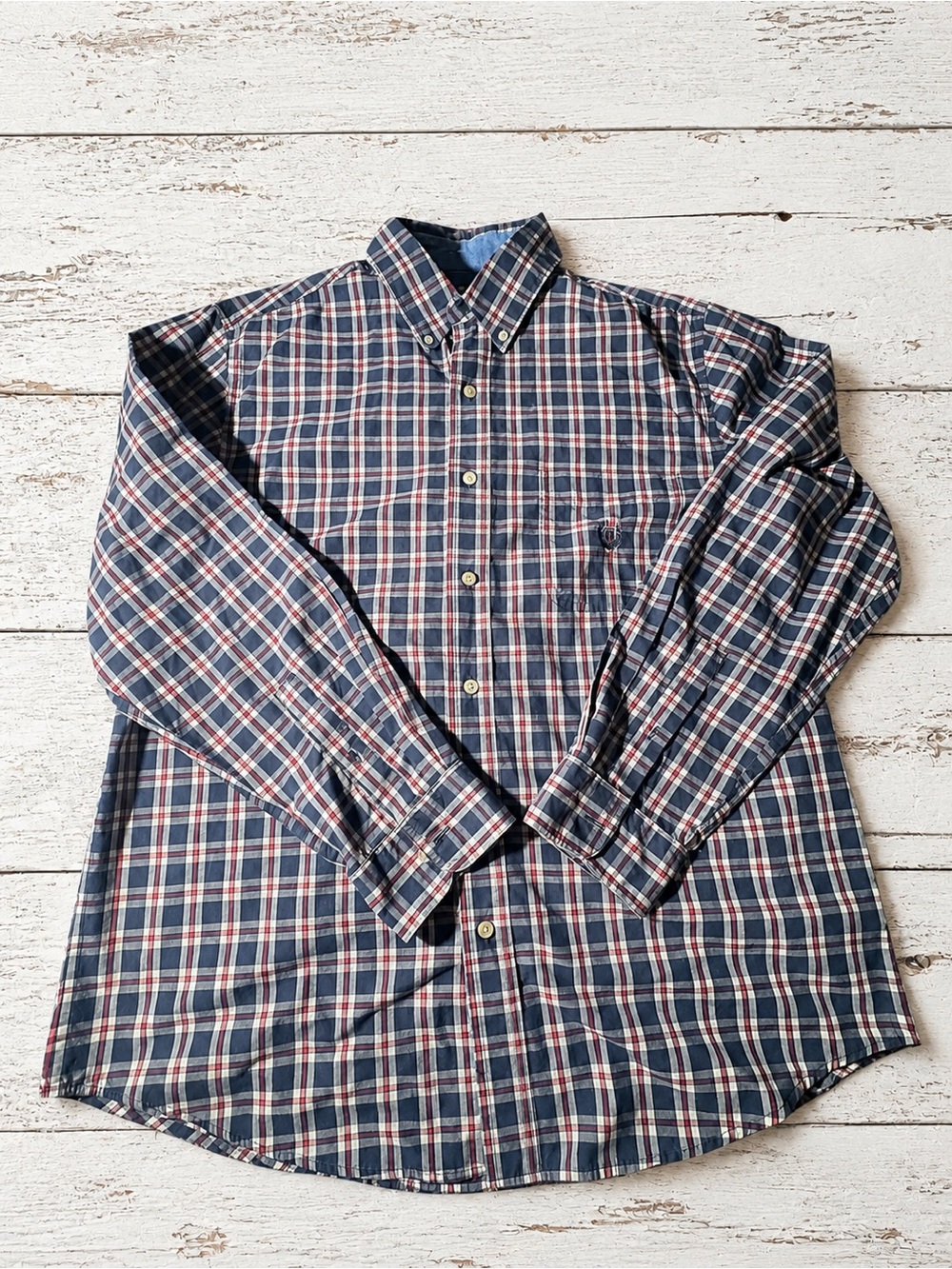 Chaps Men’s Large Plaid Button Down Shirt Blue Red Easy Care Long Sleeve